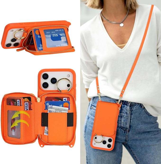 Crossbody Wallet Case for iPhone 17 Pro Max, PU Leather Zipper Handbag Purse Flip Cover, Kickstand Folio Case with Card Slots Holder Wrist Strap Lanyard 5G 6.9 Inch-Orange