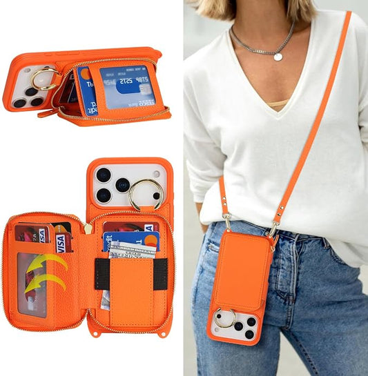 Crossbody Wallet Case for iPhone 17 Pro Max, PU Leather Zipper Handbag Purse Flip Cover, Kickstand Folio Case with Card Slots Holder Wrist Strap Lanyard 5G 6.9 Inch-Orange