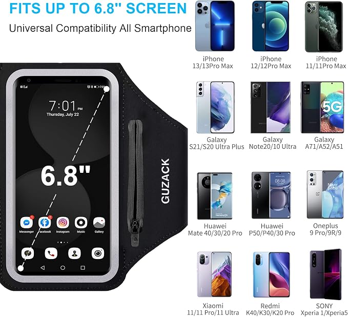 GUZACK Phone Holder for Running with Zipper Pouch, Running Armband for iPhone 17/16/15/14/13/12/11 Pro Max/Plus/XR/XS, Galaxy S25/S24/S23/S22, Cell Phone Arm Holder with Key Pocket & Card Slot