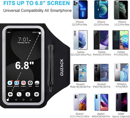 GUZACK Phone Holder for Running with Zipper Pouch, Running Armband for iPhone 17/16/15/14/13/12/11 Pro Max/Plus/XR/XS, Galaxy S25/S24/S23/S22, Cell Phone Arm Holder with Key Pocket & Card Slot