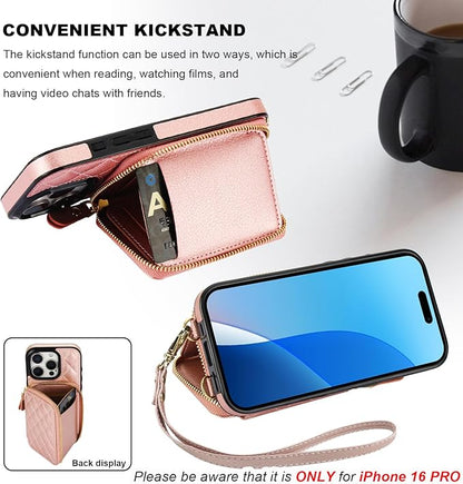 Bocasal Crossbody Wallet Case for iPhone 16 Pro, RFID Blocking PU Leather Zipper Handbag Purse Flip Cover, Kickstand Folio Case with Card Slots Holder Wrist Strap Lanyard 5G 6.3 Inch (Rose Gold)