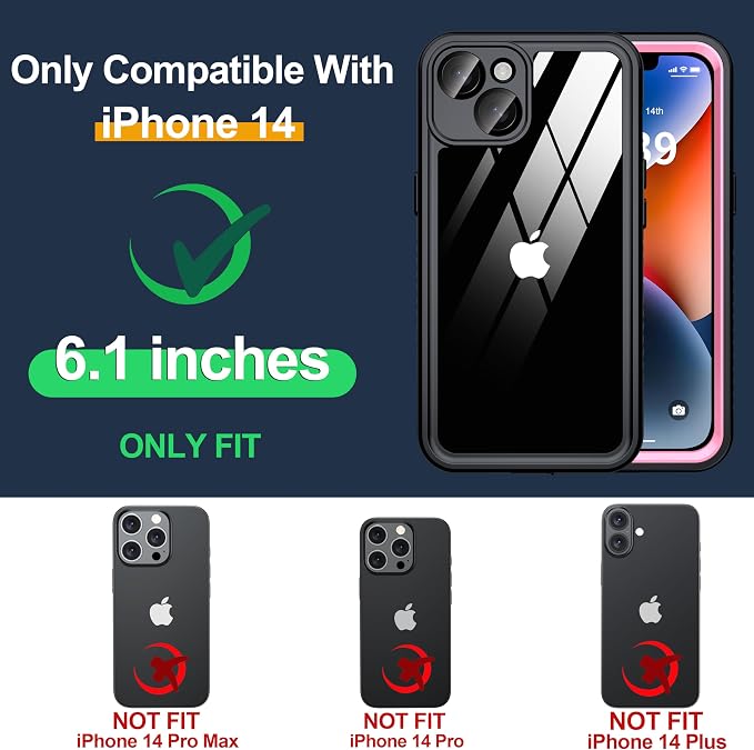 for iPhone 14 Case Waterproof - Built-in Privacy Screen Protector & HD Screen Protector [IP68 Underwater] Shockproof Dustproof Full Body Protection iPhone 14 Phone Case Pink