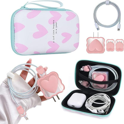 CameCosy Phone Charger Storage Case Set with Pink Hearts Carrying Case Bag with Cute 3D Love Cable Protector Set, Travel Cable Organizer,Soft Phone Earphone Charger Cover Compatible for iPhone
