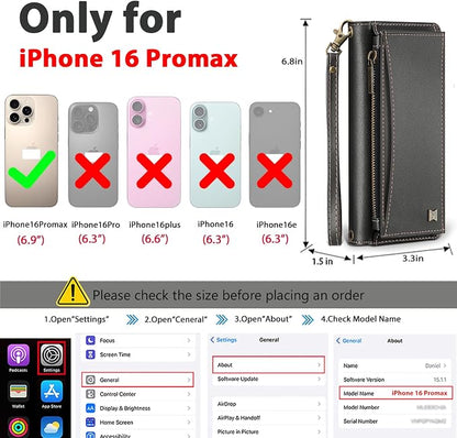 Wallet Case for iPhone 16 Pro Max with Card Holder/Crossbody Wallet/Strap| RFID Blocking | Magnetic | Kickstand | Detachable | PU Leather Phone Case for iPhone 16 Pro Max,6.9 in,Black