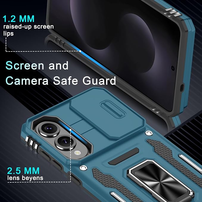 DEERLAMN Case for Samsung Galaxy S25 Edge with Slide Camera Cover+Screen Protector (1 Pack), Rotated Ring Kickstand Military Grade Shockproof Protective Cover-Light Blue