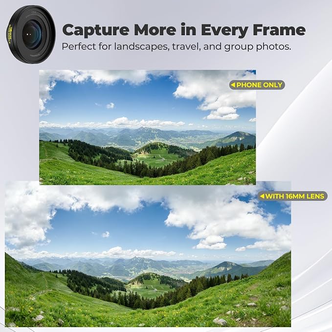 Freewell 16mm Wide Angle Lens for iPhone & Samsung – 105° FOV, Close Focus 0.5m – Perfect for Landscapes, Architecture.