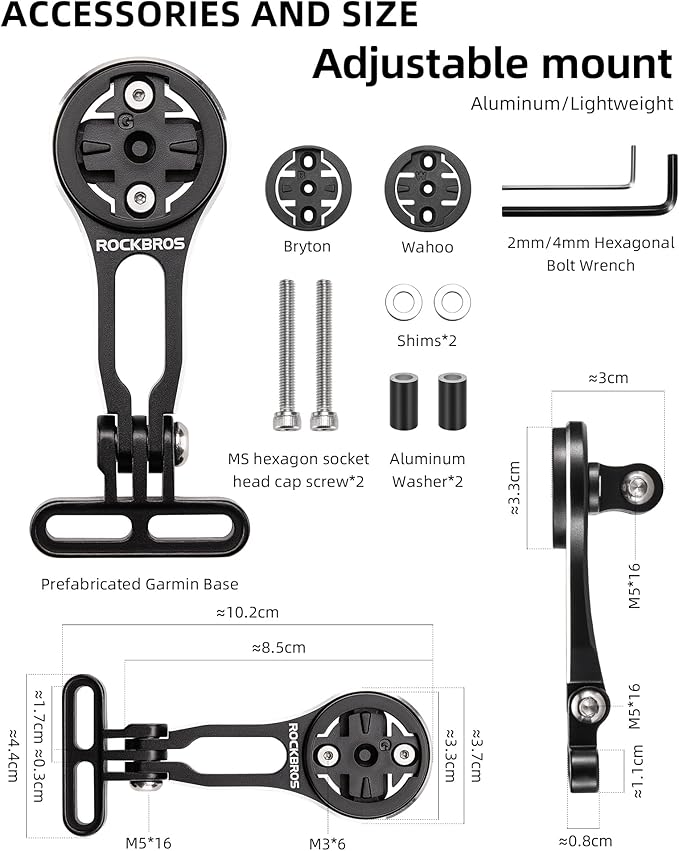 ROCKBROS Bike Computer Mount Adjustable Out-Front Bicycle Computer Mount Aluminum Integrated Cycling Computer Mount Compatible with Garmin, Bryton, Go Pro for Handlebar Clamp Diameter up to 4 cm