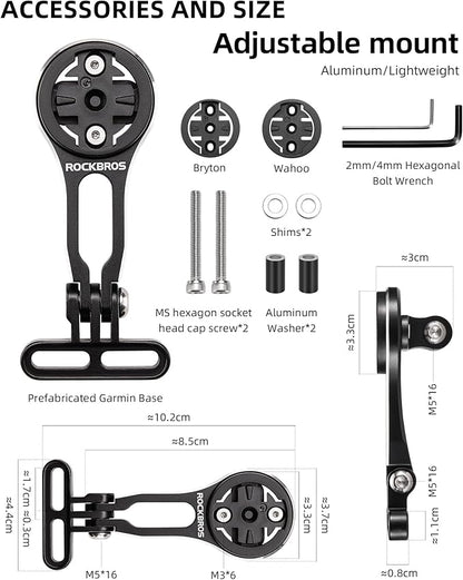 ROCKBROS Bike Computer Mount Adjustable Out-Front Bicycle Computer Mount Aluminum Integrated Cycling Computer Mount Compatible with Garmin, Bryton, Go Pro for Handlebar Clamp Diameter up to 4 cm