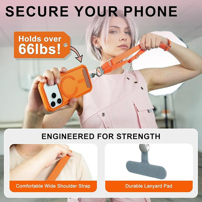 Phone Lanyard Crossbody with 2 Phone Tabs, Adjustable Anti Theft Phone Strap for iPhone & Android, Universal Skin-Friendly Cell Phone Neck Lanyard for Travel Hiking Cycling Shopping (Orange)