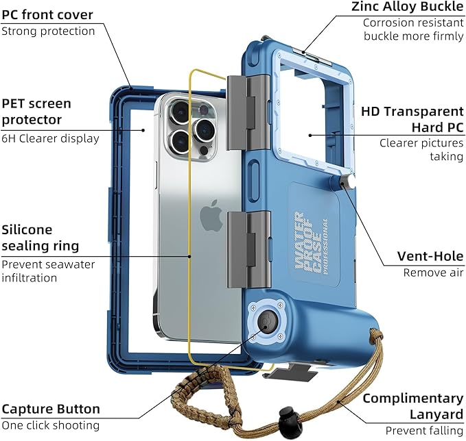 2026Underwater Snorkeling Diving Phone Case for iPhone 17/16/15/14/13Pro Max Galaxy S25/ S24/S23/S22/.[50ft/15m] Professional Scuba Dive Waterproof Case Underwater Photo Video Cove Blue