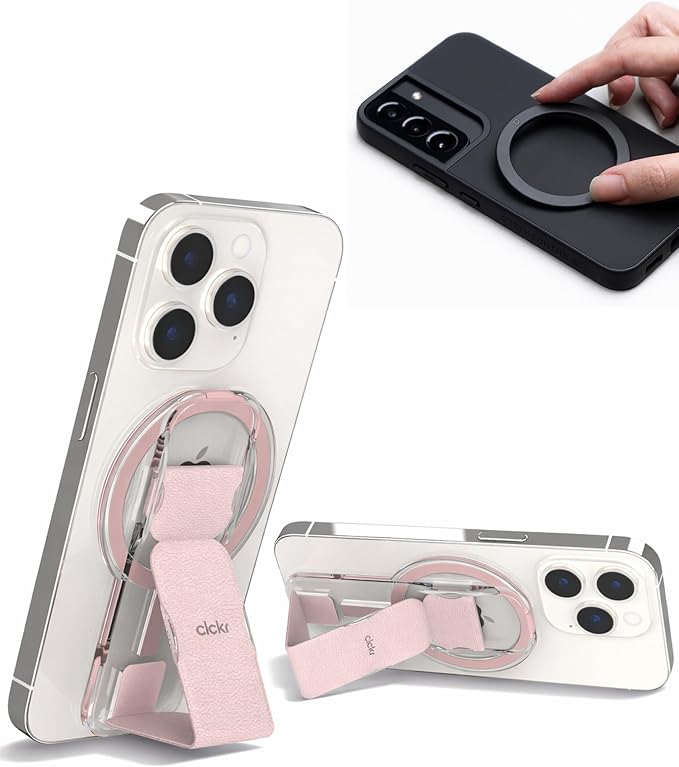 CLCKR Finger Phone Grip for MagSafe Stand, Phone Grip Loop Holder with Kickstand, Magnetic Phone Grip Holder, for iPhone 16/15/14/13/12 Pro Max Plus Series, Clear Pink