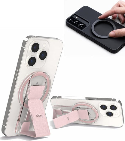 CLCKR Finger Phone Grip for MagSafe Stand, Phone Grip Loop Holder with Kickstand, Magnetic Phone Grip Holder, for iPhone 16/15/14/13/12 Pro Max Plus Series, Clear Pink