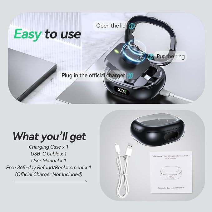 Tensea Portable Charging Case Compatible with Oura Ring Gen 4 & Gen 3, 2000mAh Wireless Power Station, Universal Fit, 30-Day Runtime Charger Accessories (Official Charger NOT Included)