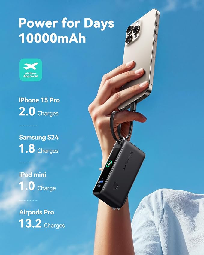 INIU 3-in-1 Portable Charger, Small 10000mah 30W Fast Charging Power Bank with Built-in USB C Cable and Foldable AC Plug, Flight Cruise Ship Travel Phone Charger for College Students Boys Girls, White