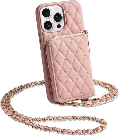 LAMEEKU for iPhone 15 Pro Max Case Wallet, Crossbody Wallet Case with Card Holder, Quilted Leather Case with Chain Strap, RFID Protectionn Cover for Women for iPhone 15 Pro Max 6.7" Pink