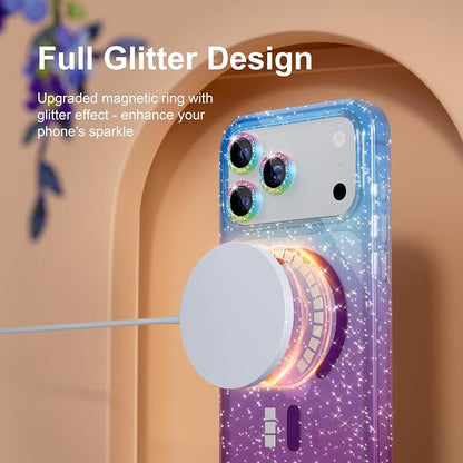 Choiche Magnetic for iPhone 17 Pro Max Case Compatible with MagSafe, Women Cute Glitter Sparkly Phone Case with Diamond Camera Lens Protectors, Military-Grade Drop Protection 6.9" (Blue/Purple)