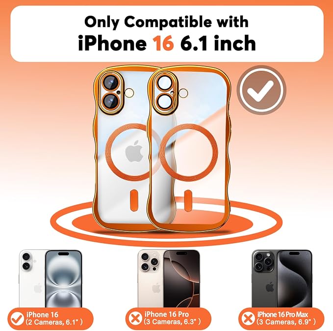 Misscase for iPhone 16 Case with Privacy Screen Protector,Compatible with MagSafe,Cute Wave Frame Anti-Scratch Case with Camera Lens Protector Plating Bling Case for iPhone 16 6.1" Women Orange