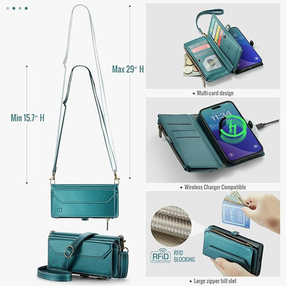 Strapurs Wallet Case Compatible with iPhone 16 Pro Max 6.9" RFID Blocking 10-Card Holder Soft PU Leather Magnetic Snap Shoulder Strap Zipper Pocket Phone Case Fit for iPhone 16 Pro Max - Blue Green