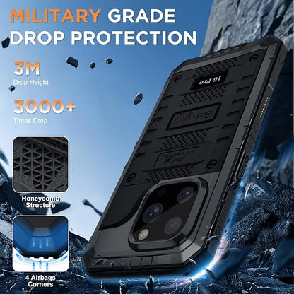 Beasyjoy for iPhone 16 Pro Case Waterproof, Metal Heavy Duty Full Body Protective Case with Built-in Screen Protector, Military Grade Shockproof Dustproof Defender Cover for iPhone 16 Pro 6.3", Black