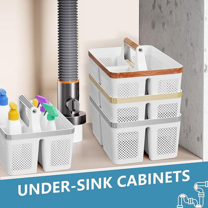 BYUNER 2Pack Shower Caddy Dorm: Portable Bathroom Caddy Organizer with Handle and Holes, Plastic Cleaning Caddy, Hard Shower Basket Storage Tote for Toiletry, College Dorm Room Essentials White/Silver