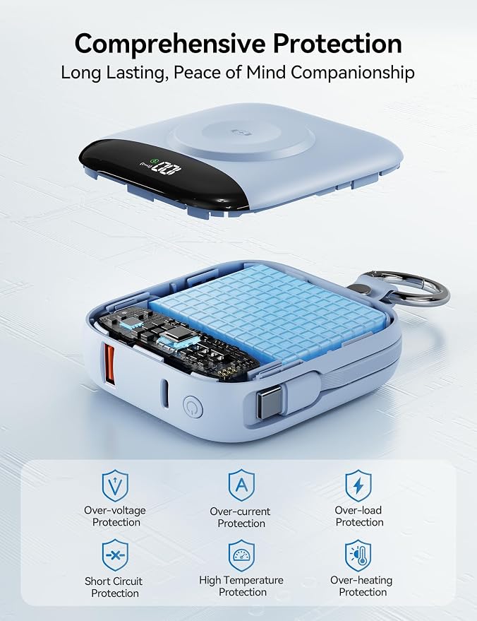 Portable Charger Power Bank, 10000mAh Fast Charging Power Bank with Built-in Cables, Travel Keychain Battery Pack with LED Display for iPhone Samsung Android iPad iWatch Charger 11/10/9/8/Ultra,Blue
