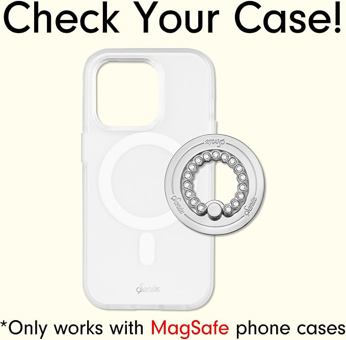 Sonix Magnetic Phone Grip and Phone Ring Holder - Compatible with MagSafe - Rotatable Kickstand and Phone Holder for iPhone 16, 15, 14, 13, 12 Series - Silver/Clear Rhinestone