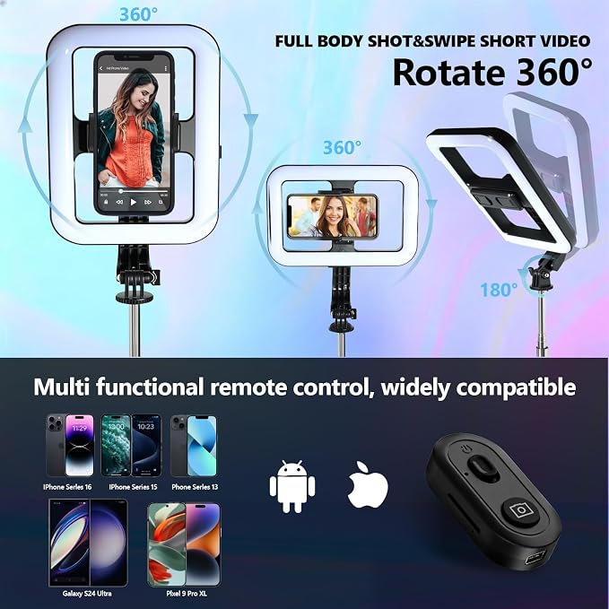 Foldable Selfie Light with Stand,54" Extendable Phone Holder Selfie Stick with Dimmable LED Lights and Remote,Ring Light Tripod for Video Recording/Live Stream/Makeup/Photography/YouTube/TikTok