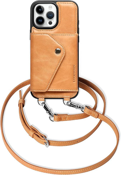 LUCKYCOIN for iPhone 16 Pro Max Crossbody Wallet Case – Genuine Leather Phone Purse with Adjustable Strap and Card Holder,Lanyard Phone Purse Case for Women,Vintage Tan