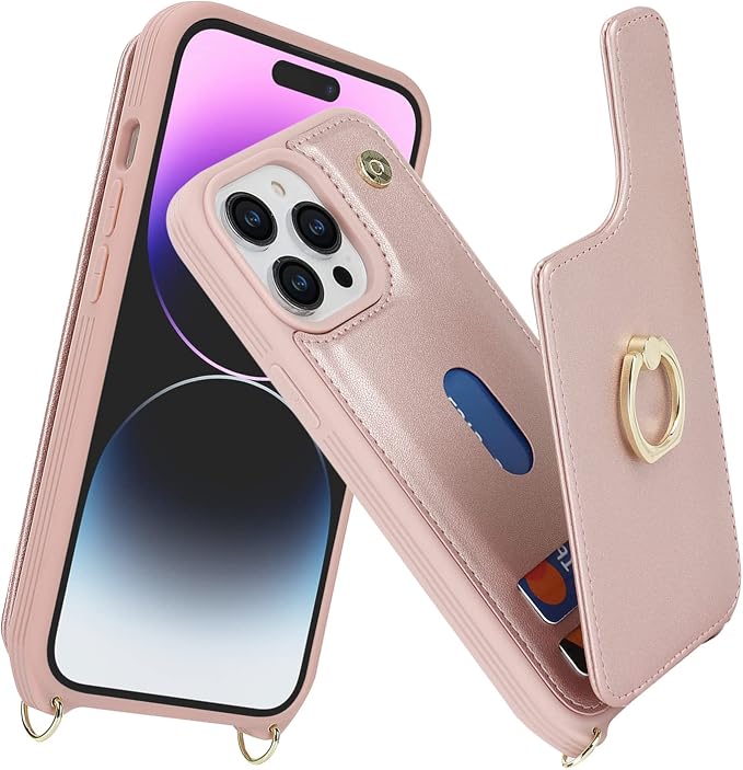Lipvina for iPhone 14 Pro Max Case with Card Holder for Women,Phone Case with Strap,Crossbody Lanyard,RFID Blocking,Ring Stand,Snap Clasp,Cute Wallet Cases 6.7"(Rose Gold)