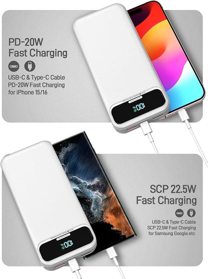 Nusyddy Portable Charger 20000mAh 22.5W w/Built-in Cables & Wall Plug White | 22.5W Fast Charging, High Capacity, LED Display, Charge 5 Devices at once, TSA Approved, Compatible with iPhone/iPad/Samsung