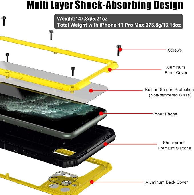 Beasyjoy for iPhone 11 Pro Max Case Waterproof Metal Case Heavy Duty Built-in Screen Full Body Protective Shockproof Military Grade Yellow