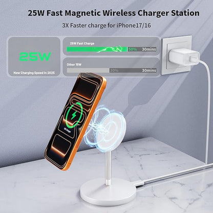 Magnetic Wireless Charger iPhone Stand,25W Mag-Safe Charger Fast Charging Stand 35W Magnetic USB C Adapter with 6FT Cable Wireless Fast Charge Station for iPhone 17 Pro Max/17/16/15/14/13/12, AirPods