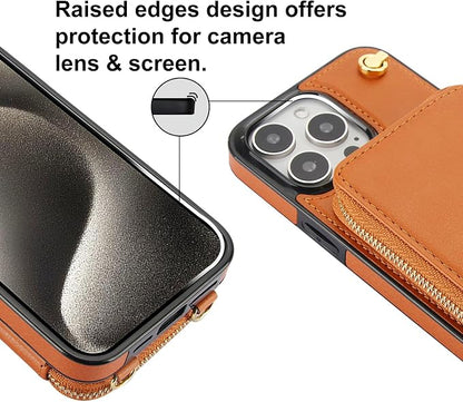 Bocasal for MagSafe Crossbody Wallet Case Compatible with iPhone 15 Pro Max, RFID Blocking Protective Purse Case with Card Slots Holder Kickstand Wrist Strap Lanyard Zipper 6.7 Inch 5G (Brown)
