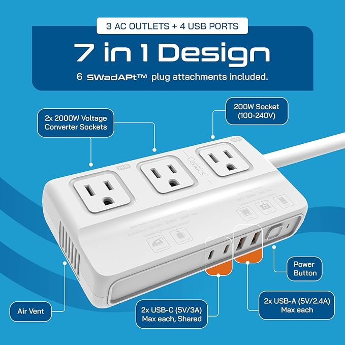 Ceptics 220v to 110v Converter for Travel, 2000W Voltage Converter US to Europe with 3 AC outlets, 4 USB Ports (2X USB-C) and 6 SWadAPt attachments