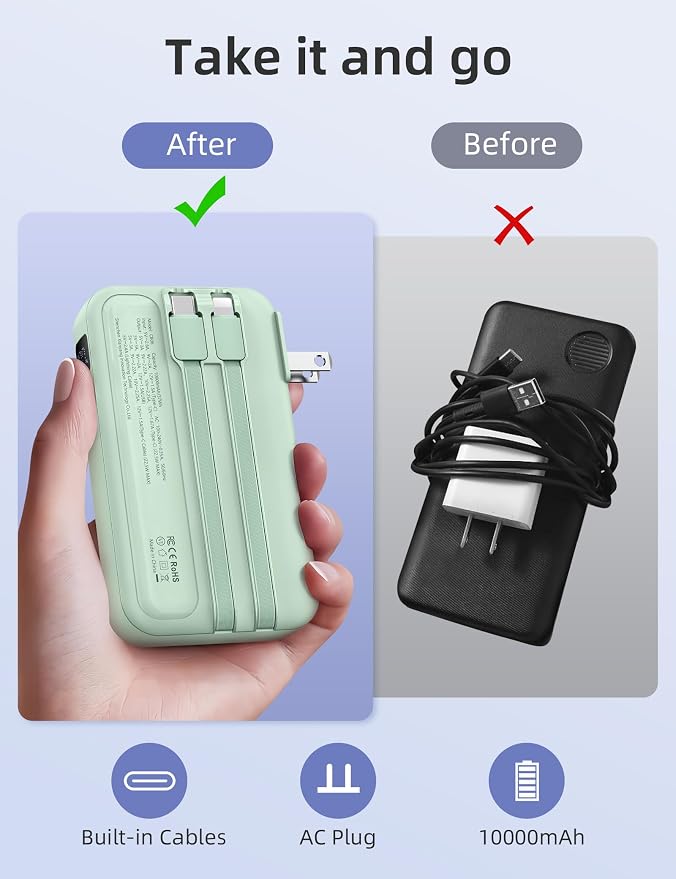 RORRY Portable Charger w/Wall Plug 10000mAh Power Bank 22.5W Battery Pack | Built in Cables, Fast Charging, for iPhone, iPad, Samsung Galaxy, Pixel, LG, Travel Essential, Digital Display, Pocket Size