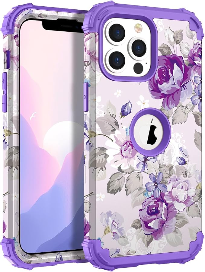 Hocase for iPhone 13 Pro Case, Heavy Duty Shockproof Protection Soft Silicone Rubber+Hard Plastic Bumpers Hybrid Protective Case for iPhone 13 Pro 6.1" 2021 - Lavender Flowers