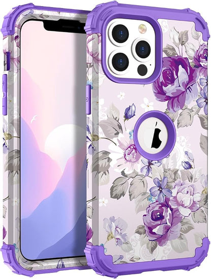 Hocase for iPhone 13 Pro Case, Heavy Duty Shockproof Protection Soft Silicone Rubber+Hard Plastic Bumpers Hybrid Protective Case for iPhone 13 Pro 6.1" 2021 - Lavender Flowers
