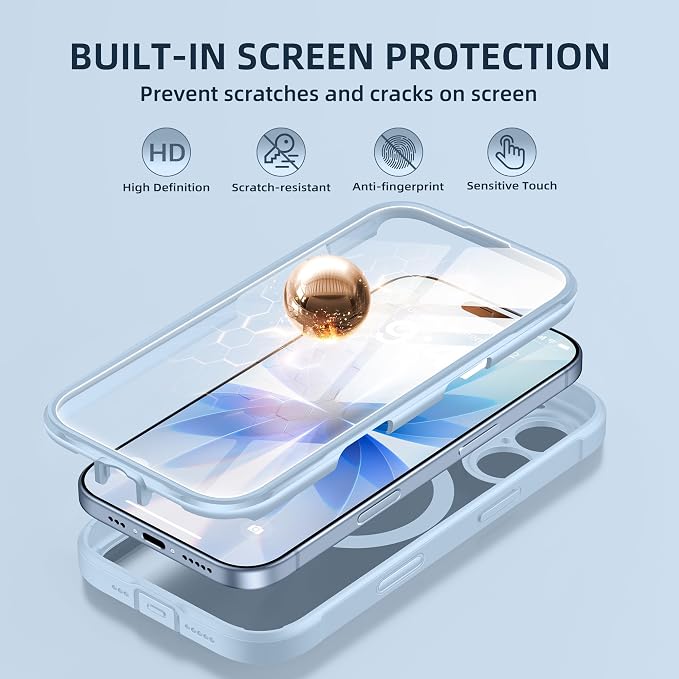BERFY for iPhone 17 Case, Compatible with MagSafe, Built-in Glass Screen Protector, Camera Protection, Shockproof Full Body Phone case 6.3", Clear Blue