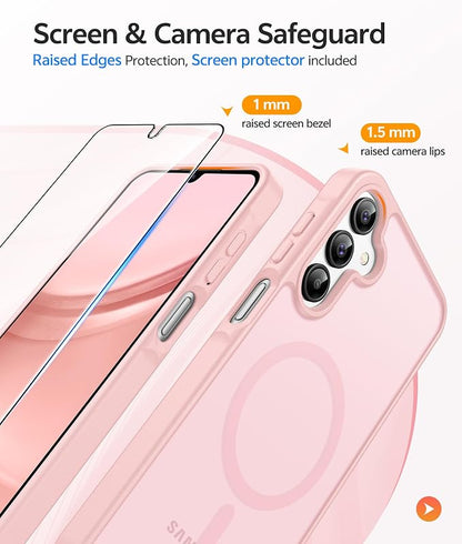 FNTCASE for Galaxy A15 5G Phone Case, Screen Protector, Light Pink | Translucent Matte Magnetic Back, 14FT Military Grade Drop Protection, Shockproof Protective, for Samsung A 15 Cover