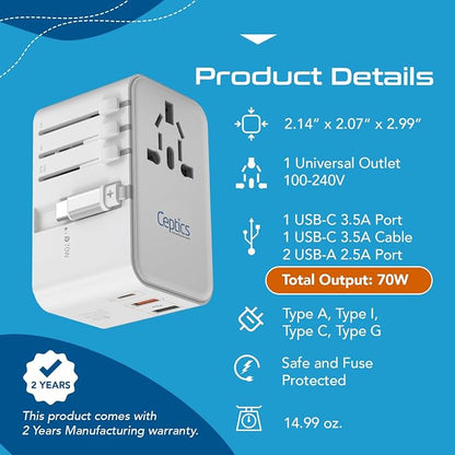 Ceptics 70W Universal Adapter, USB-C Cable, 3 USB Ports & Universal Socket | 5 in 1 Design, Universal Travel Adapter for USA, EU, UK, AU & more, Type A, C, G & I Plugs, 25.6" Retractable USB-C Cable