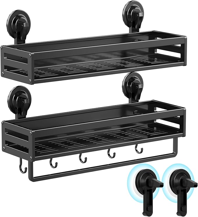 Shower Caddy Suction Cup, 15.7 inch 2 Pack Suction Shower Shelf with Hooks NO-Drilling Bathroom Holder, Rustproof Bathroom Organizer, Black,Includes 2 Extra Suction Cups for Replacement Use
