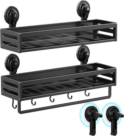 Shower Caddy Suction Cup, 15.7 inch 2 Pack Suction Shower Shelf with Hooks NO-Drilling Bathroom Holder, Rustproof Bathroom Organizer, Black,Includes 2 Extra Suction Cups for Replacement Use