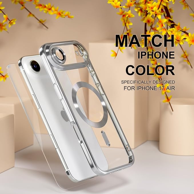 Misea Magnetic for iPhone 17 Air Case Compatible with MagSafe [Never Yellowing] [Military Grade Drop Protection] Full Camera Lens Protector Plating Soft Clear Phone Case for Women, Silver