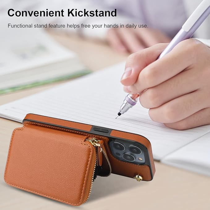 Bocasal Crossbody Wallet Case for iPhone 14 Pro Max, RFID Blocking Leather Purse Case with Card Holder, Protective Handbag Flip Cover with Zipper Wrist Strap Lanyard for Women 5G 6.7 Inch (Brown)