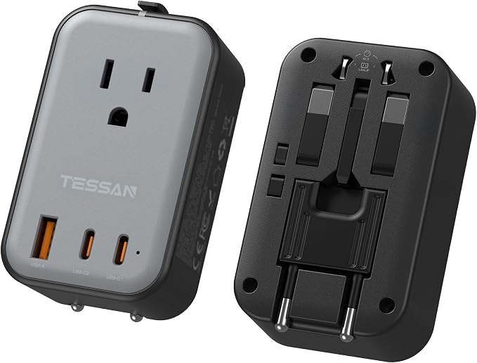 TESSAN Travel Adapter 009, PD 20W Universal Power Adapter 2 USB C 1 USB A, Ultra Thin International Plug Adaptor Worldwide Outlet for US to European UK Italy Spain New Zealand (Type C G A I), 1 Pack