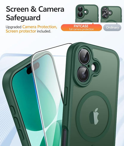 FNTCASE for iPhone 17 Case: [Compatible with Magsafe] Translucent Matte Cases with [Full Camera Protection] [Screen Protector] Military Grade Shockproof Protective Phone Cover - Green