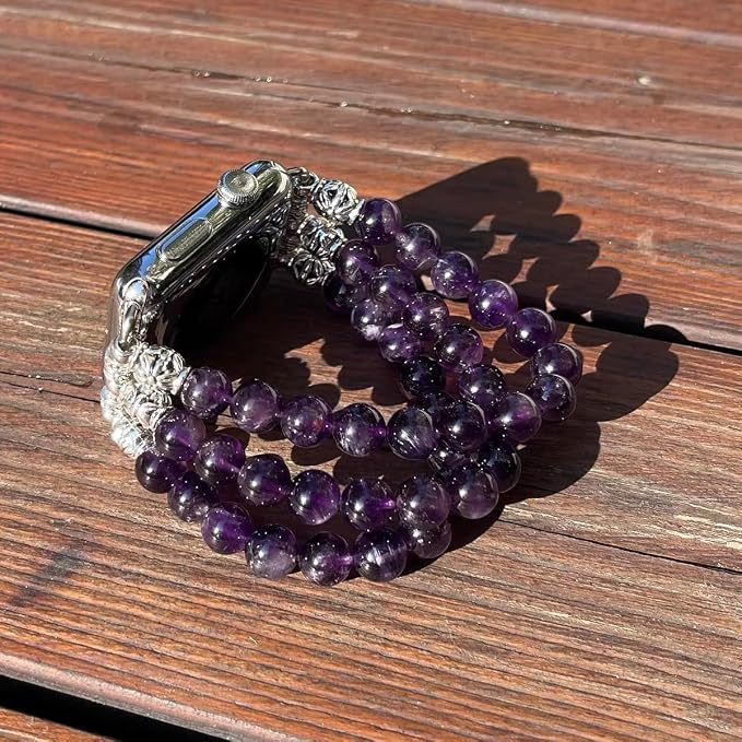 Amethyst Bracelet Compatible for Apple Watch Band 40mm/38mm/41mm Series 9 8 7 SE Series 6/5/4 Women Fashion Natural Gemstone Handmade Stretchy Watch Strap (42mm/44mm/45mm)