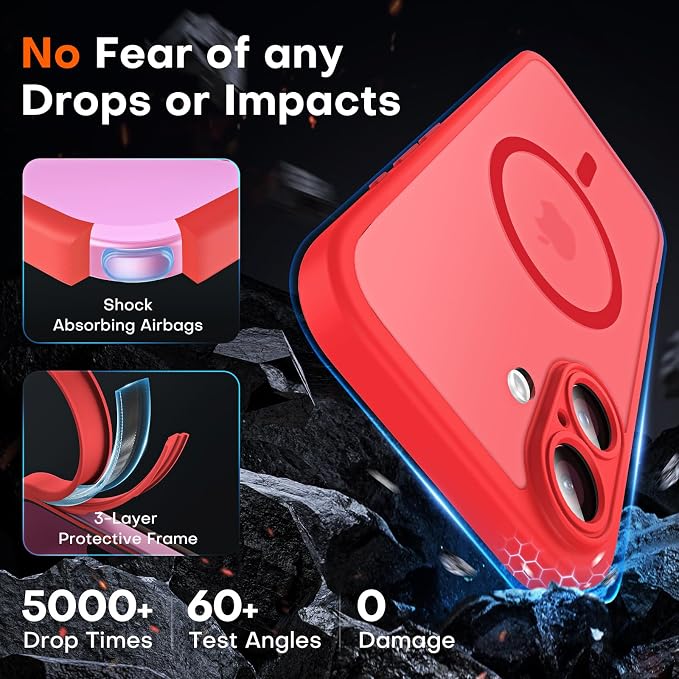 TOCOL for Phone 16 Case, Compatible with Magsafe Charger, Full Camera Protection, Drop Protection, Translucent Matte Phone Case for iPhone 16 6.1 inch (Red)
