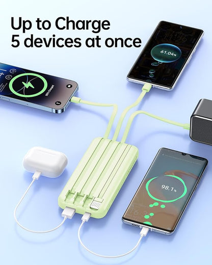 RONEGN Portable Charger with Built in Cable -20000mAh Fast Charging Power Bank USB C Slim 22.5W LED Display Battery Pack 5 Outputs & 3 Inputs for Travel Essentials iPhone Samsung Phones Green