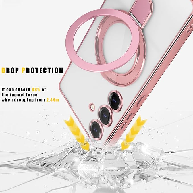 Magnetic Ring Case for Samsung Galaxy S24 Plus Case Kickstand Compatible with MagSafe Built-in Camera Lens Protector Shockproof Phone Case for Samsung S24Plus - Pink